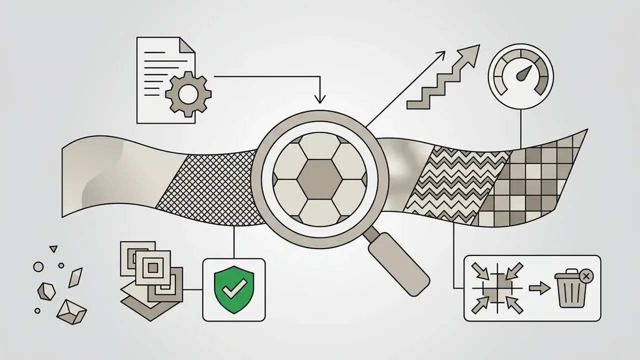 Magnifying glass inspecting a patterned strip with icons for data analysis, quality checks, and cleanup