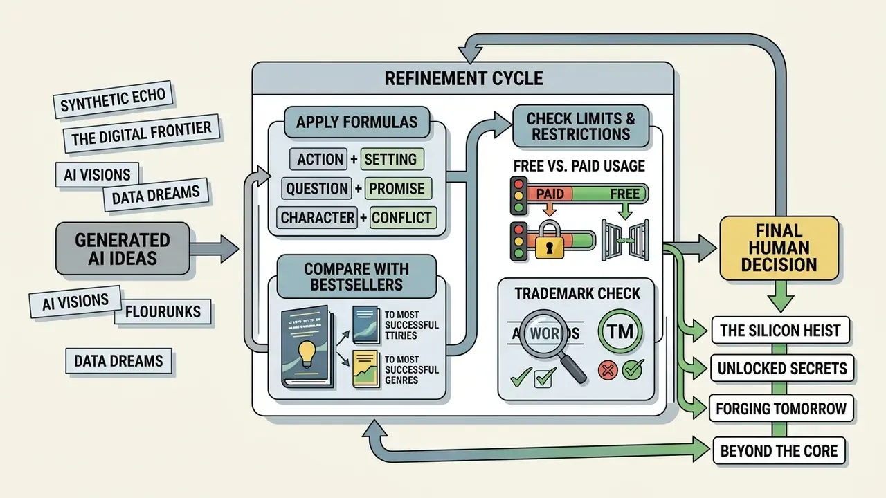 Flowchart illustrating the process of refining raw machine-generated concepts into final book titles