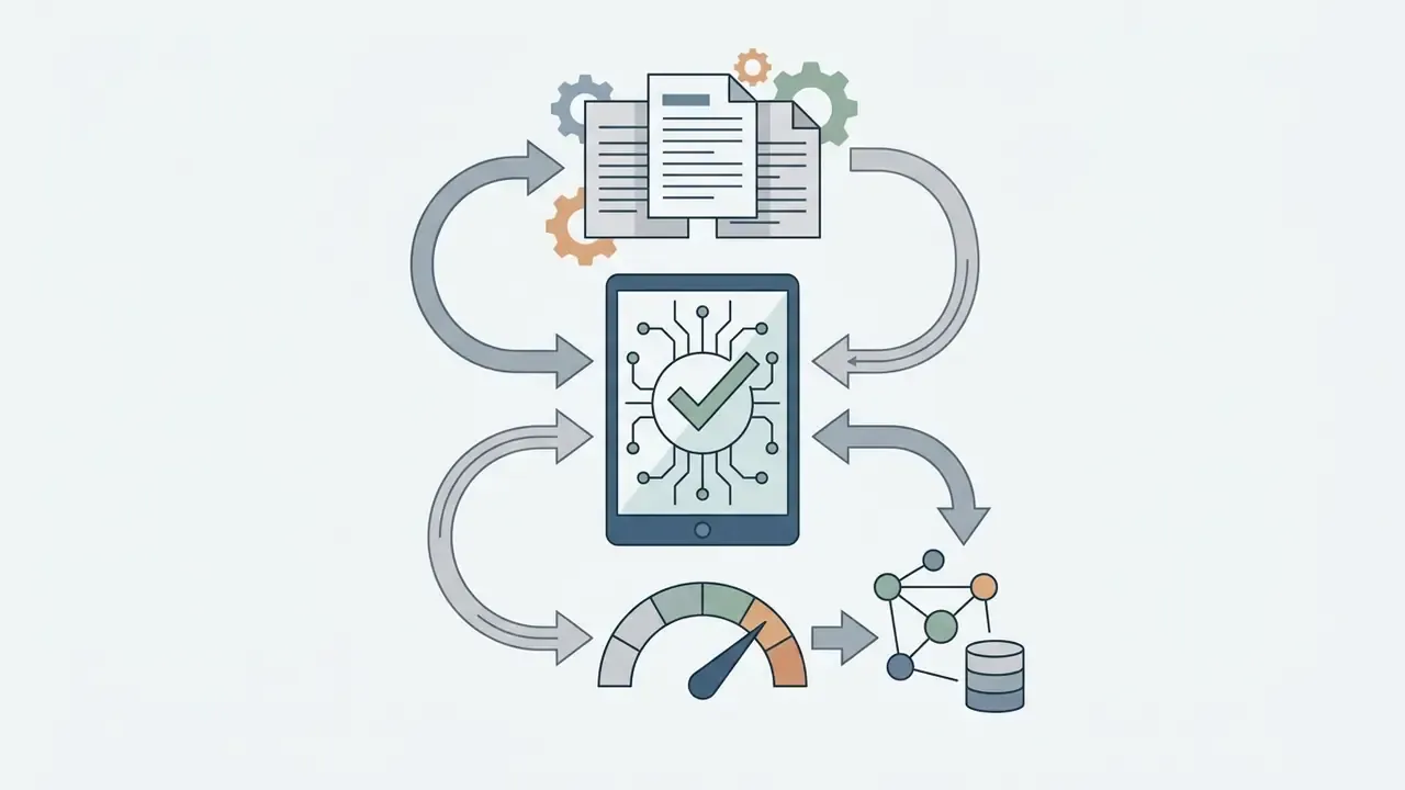 Tablet with a checkmark circuit board icon cycling data between text files, speed gauges, and networks
