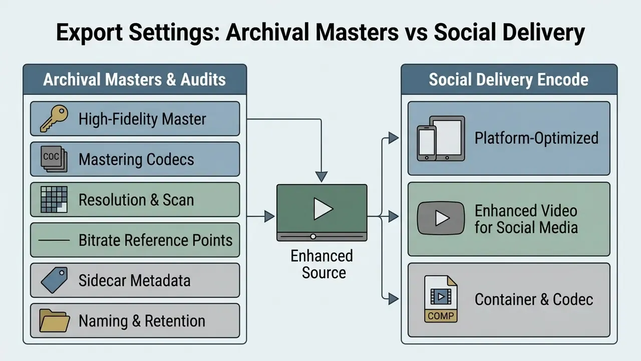 Diagram comparing technical requirements for archival masters versus social media video delivery