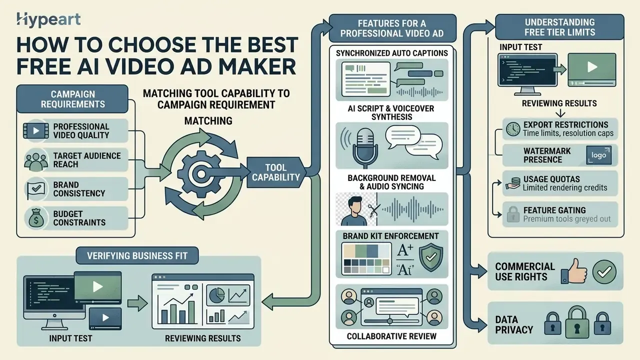 Infographic mapping campaign requirements to tool features and free tier limitations for video creation
