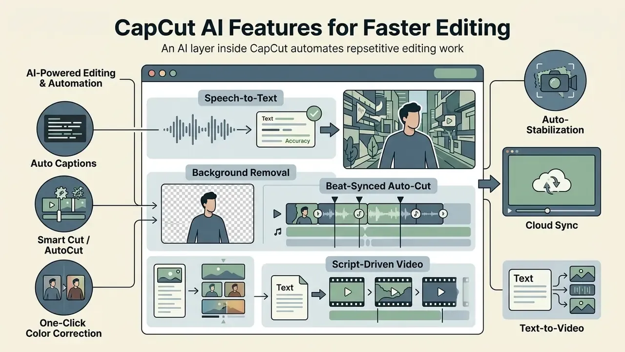 Infographic showing how CapCut AI tools automate tasks like background removal and beat-synced editing