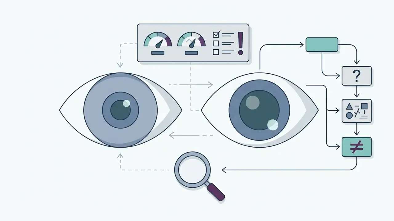 Two eyes connected to gauges and a magnifying glass with a sequence of icons representing visual analysis