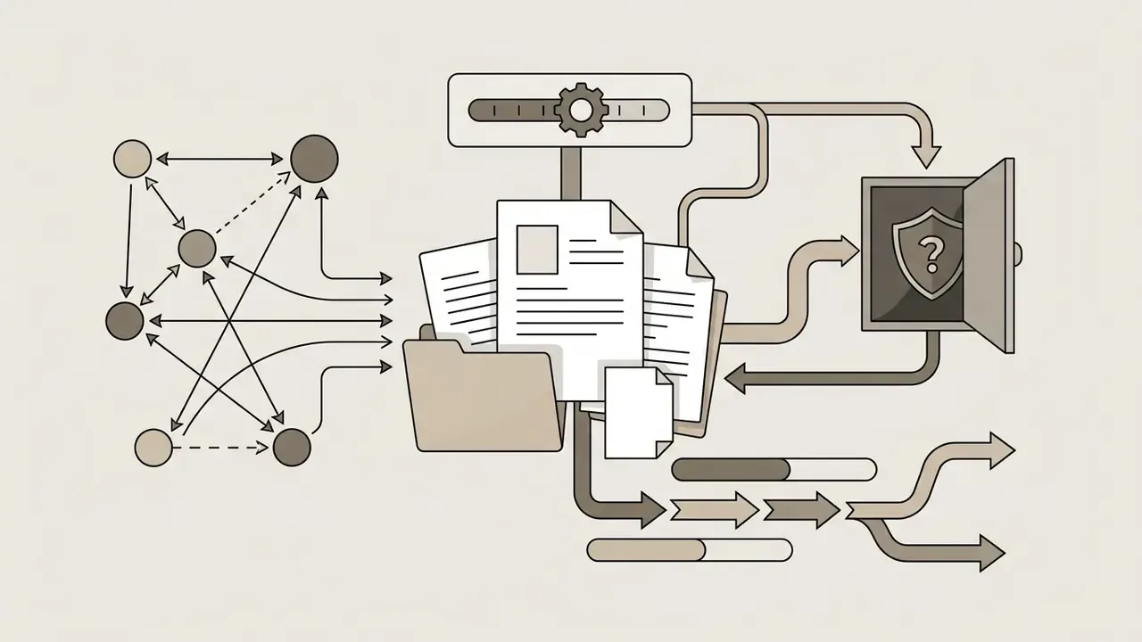 Network of nodes feeding into document folders and a secure gateway with a question mark shield icon