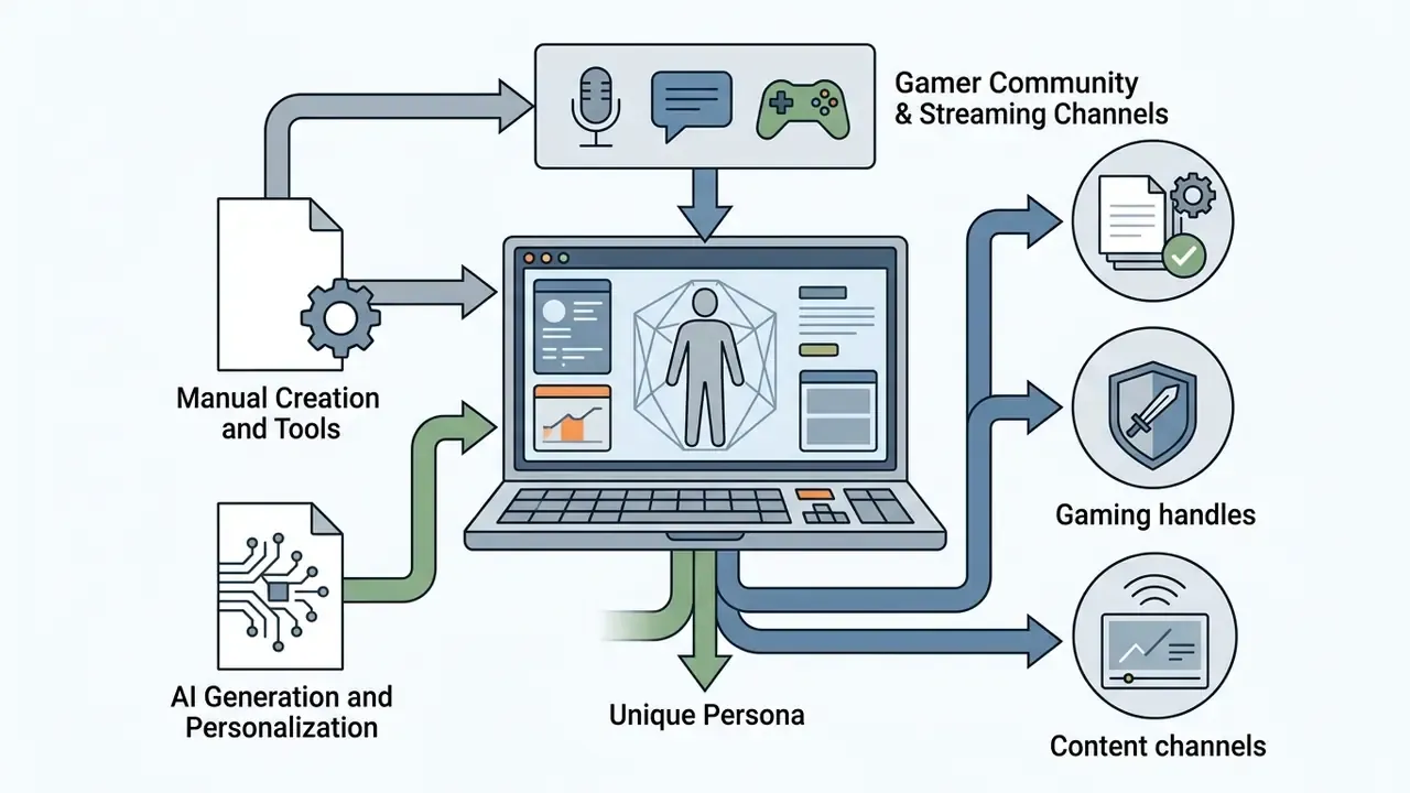 Laptop processing manual and AI inputs into stylized character profiles for gaming and streaming use