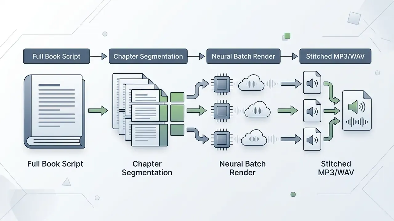 Sequence from book script to chapter segments, neural rendering, and final audio file assembly