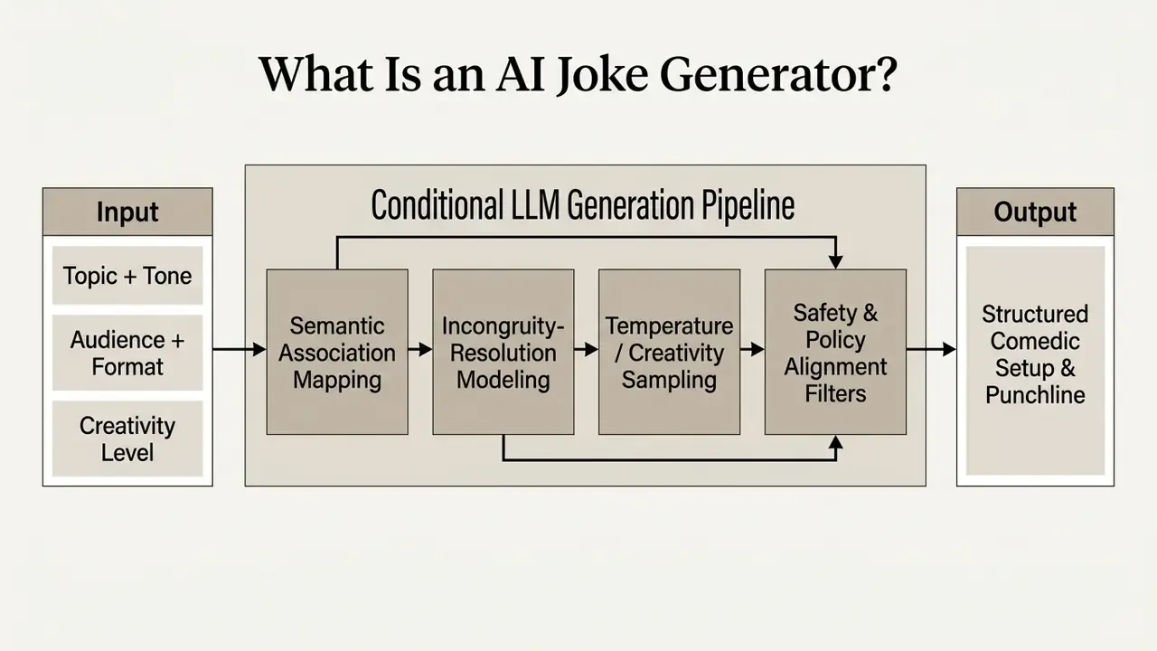 Flowchart showing how inputs process through a conditional LLM pipeline to produce a comedic output