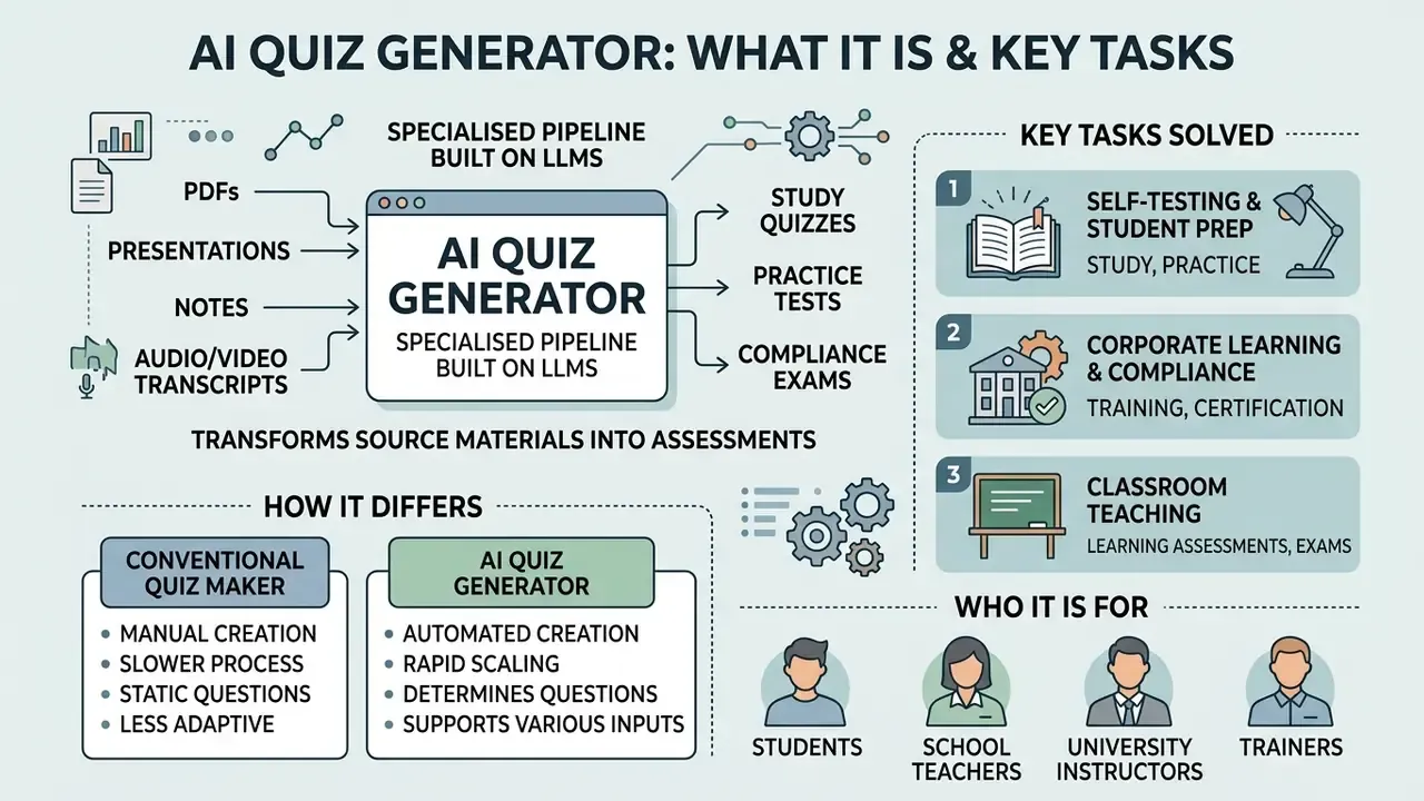 Infographic showing how an AI quiz generator transforms various source materials into educational assessments