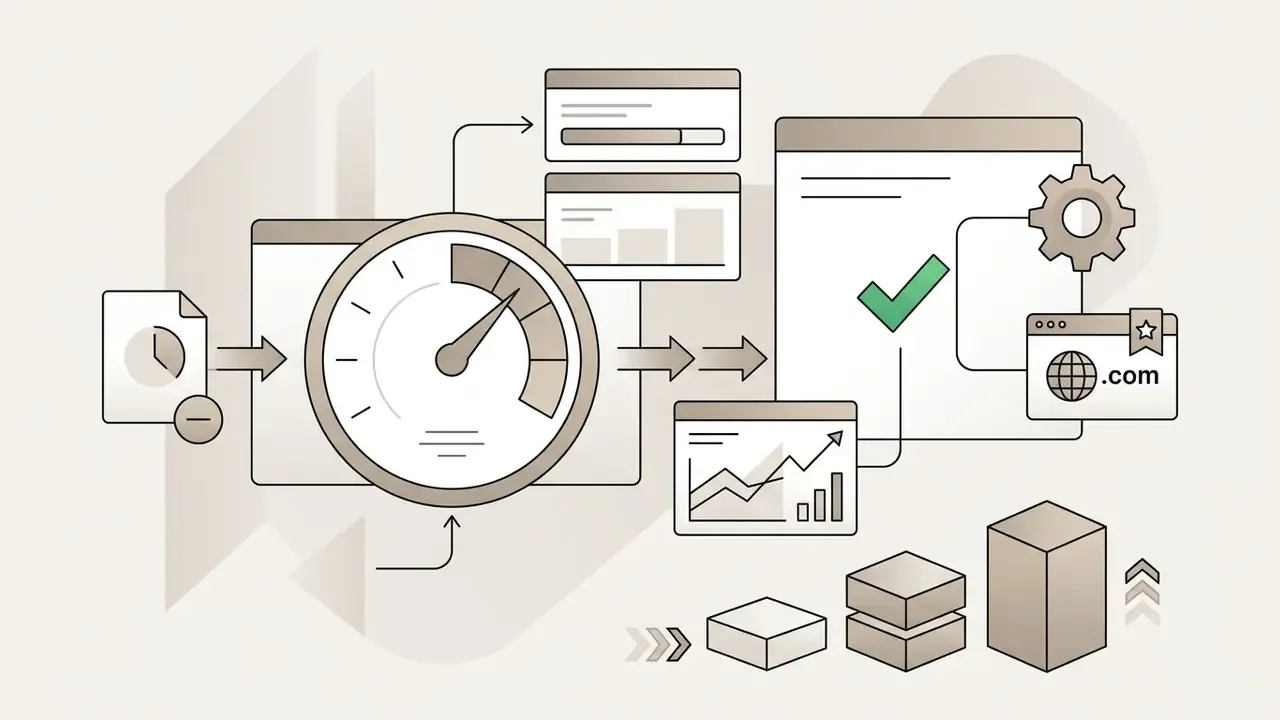 Performance gauge linked to website hosting, domain registration, and analytics data visualization