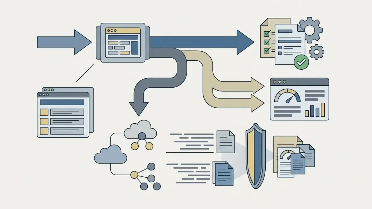 Flowchart showing data moving from a browser into cloud servers, logs, and compliance documentation
