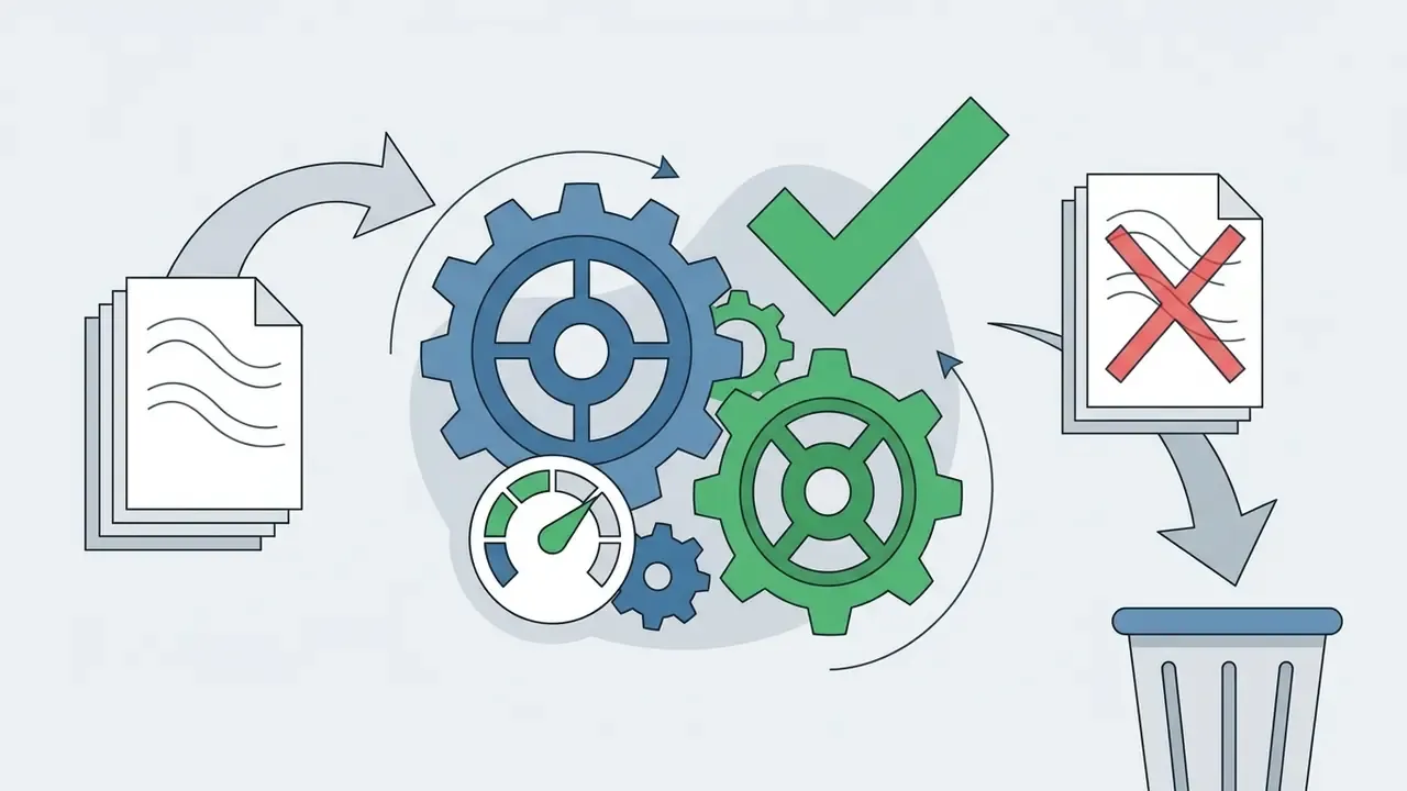 Documents moving through gears and a gauge to be marked for deletion and sent to a trash bin
