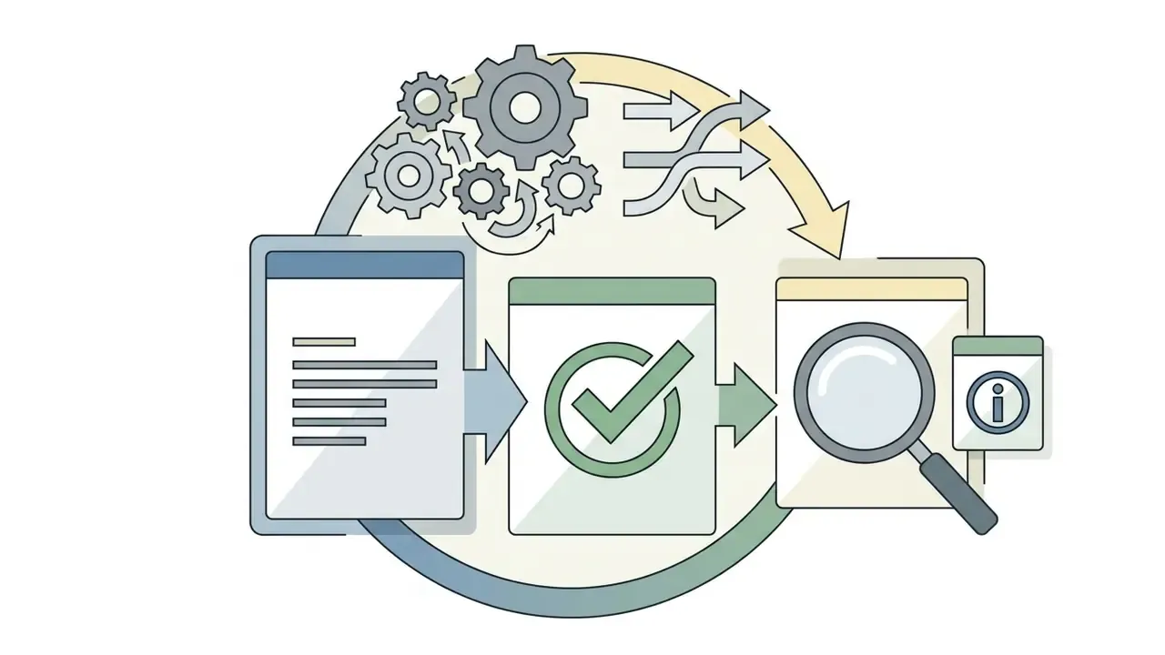 Text input moving through a gear system to a checkmark status and final inspection with a magnifying glass