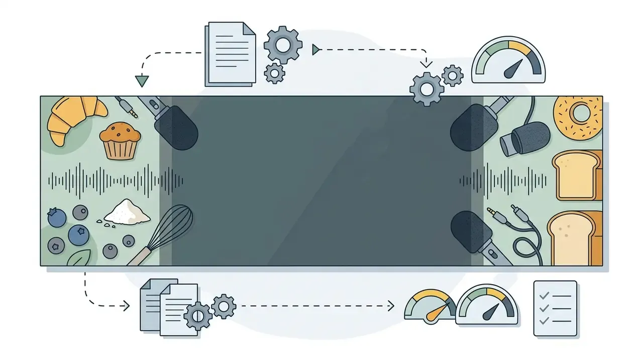 Banner template featuring food and audio icons on the sides with surrounding workflow process graphics