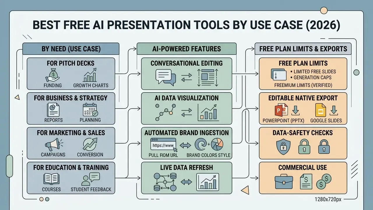 Diagram mapping presentation use cases to AI features and export options for a free AI presentation maker