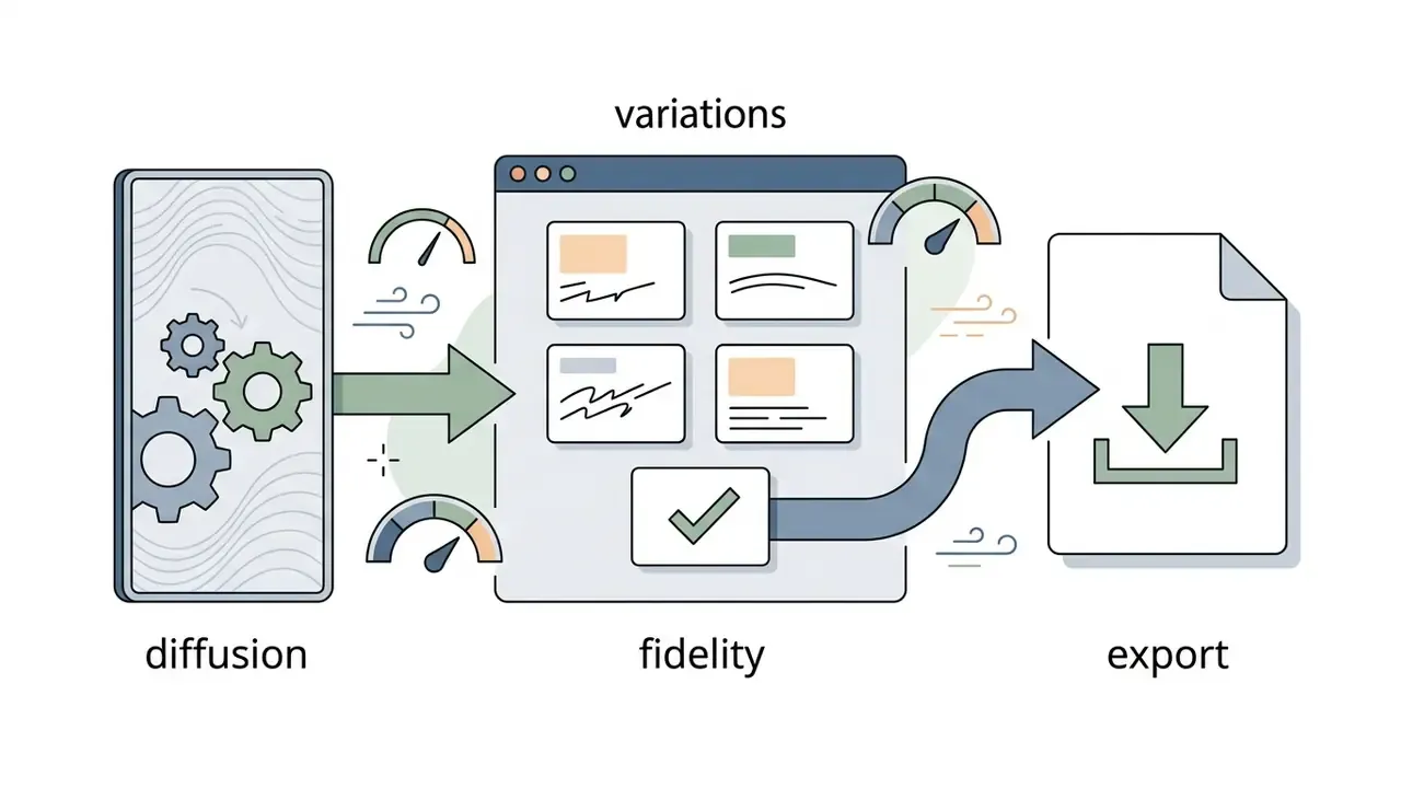 Process showing diffusion model generation, fidelity review of portrait variations, and file export