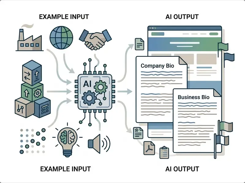 Various data inputs feeding into a central AI processor to generate company and business documents