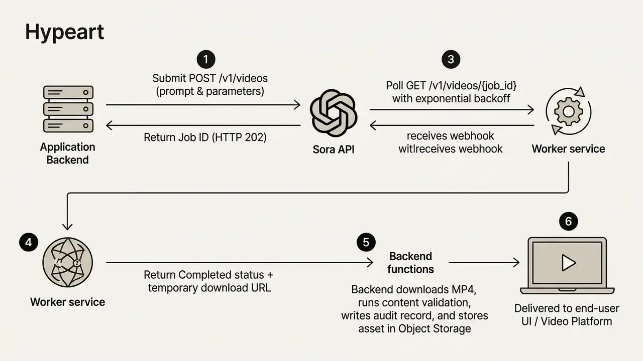 Step-by-step sequence showing backend communication with the Sora API to process and deliver video files