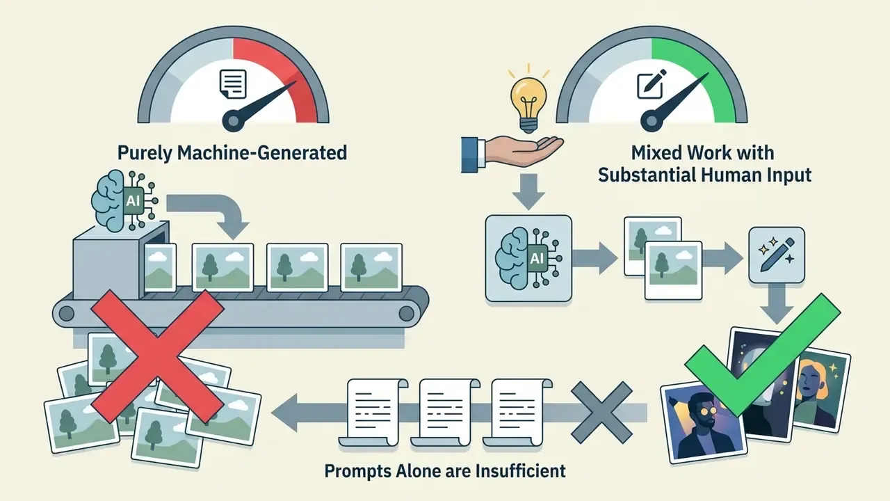 Diagram contrasting machine-generated content with human-augmented work for copyright eligibility