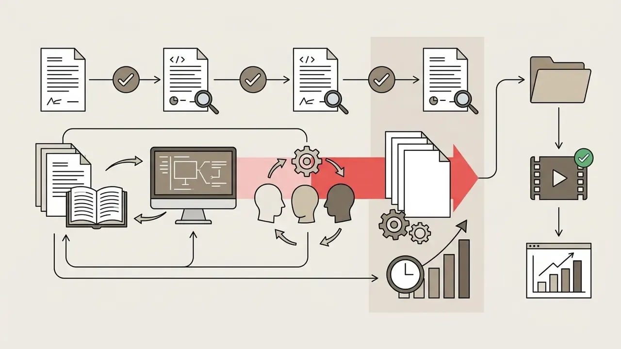 Iterative review process connecting research and design inputs to final video production and performance data