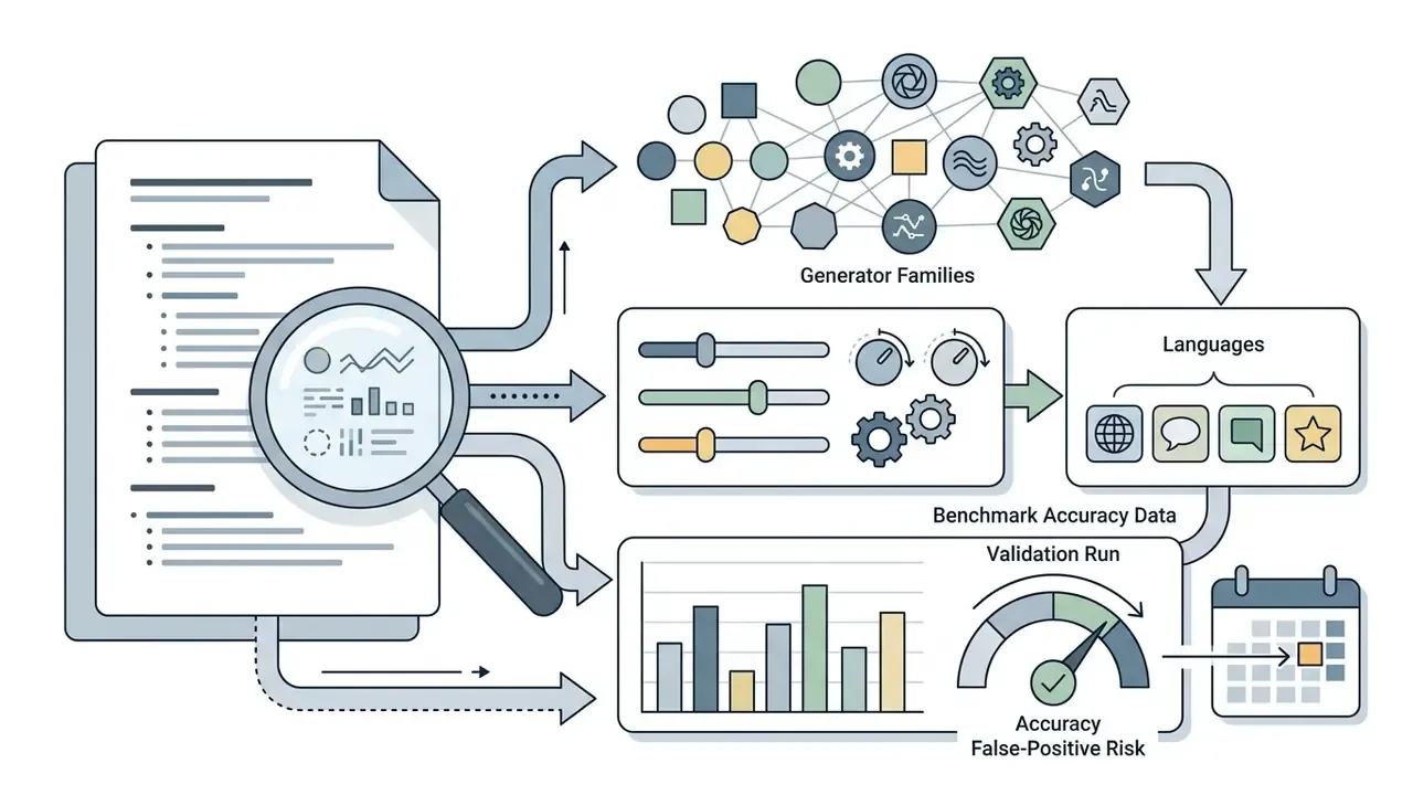 Magnifying glass analyzing text data flowing into generator families, language settings, and validation charts