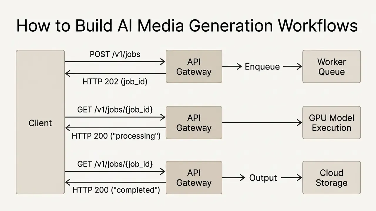 Sequence diagram showing client requests and API responses for managing asynchronous generation jobs