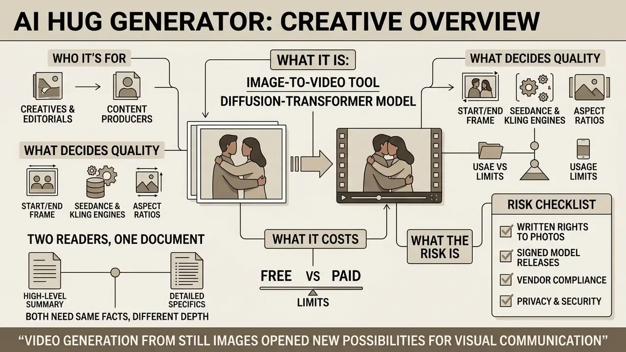 Infographic diagram explaining the process, quality factors, and risks of an AI hug generator tool