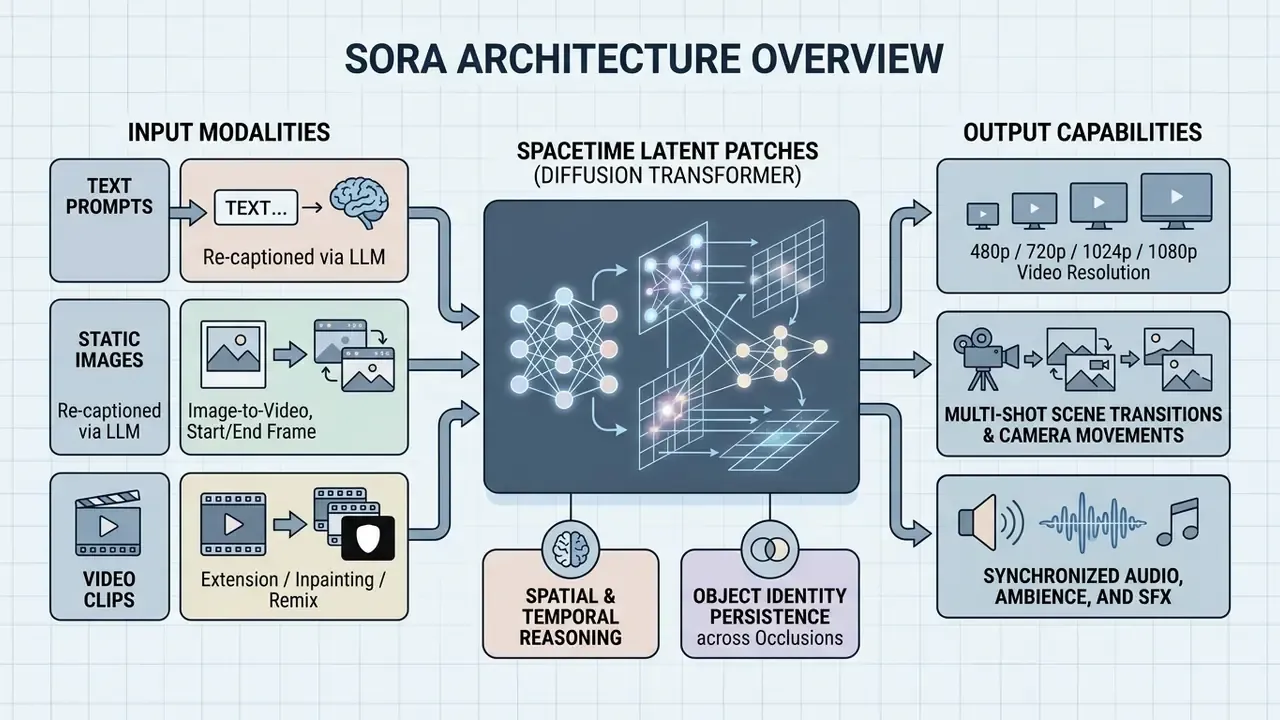 Diagram showing Sora AI input modalities, spacetime latent patches, and output video capabilities