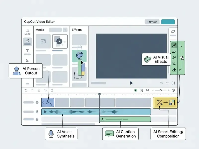 CapCut video editor interface highlighting AI tools for person cutout, visual effects, and voice synthesis