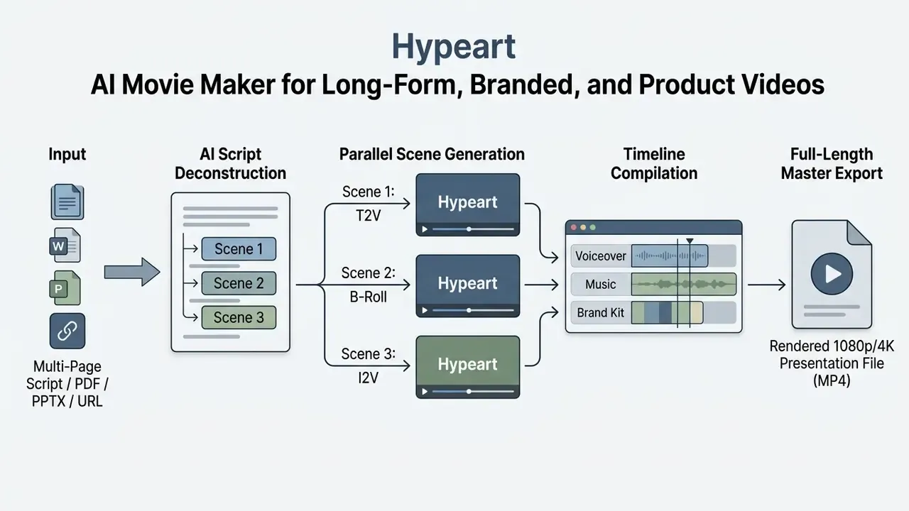Multi-stage production pipeline transforming documents into synchronized video scenes and final exports