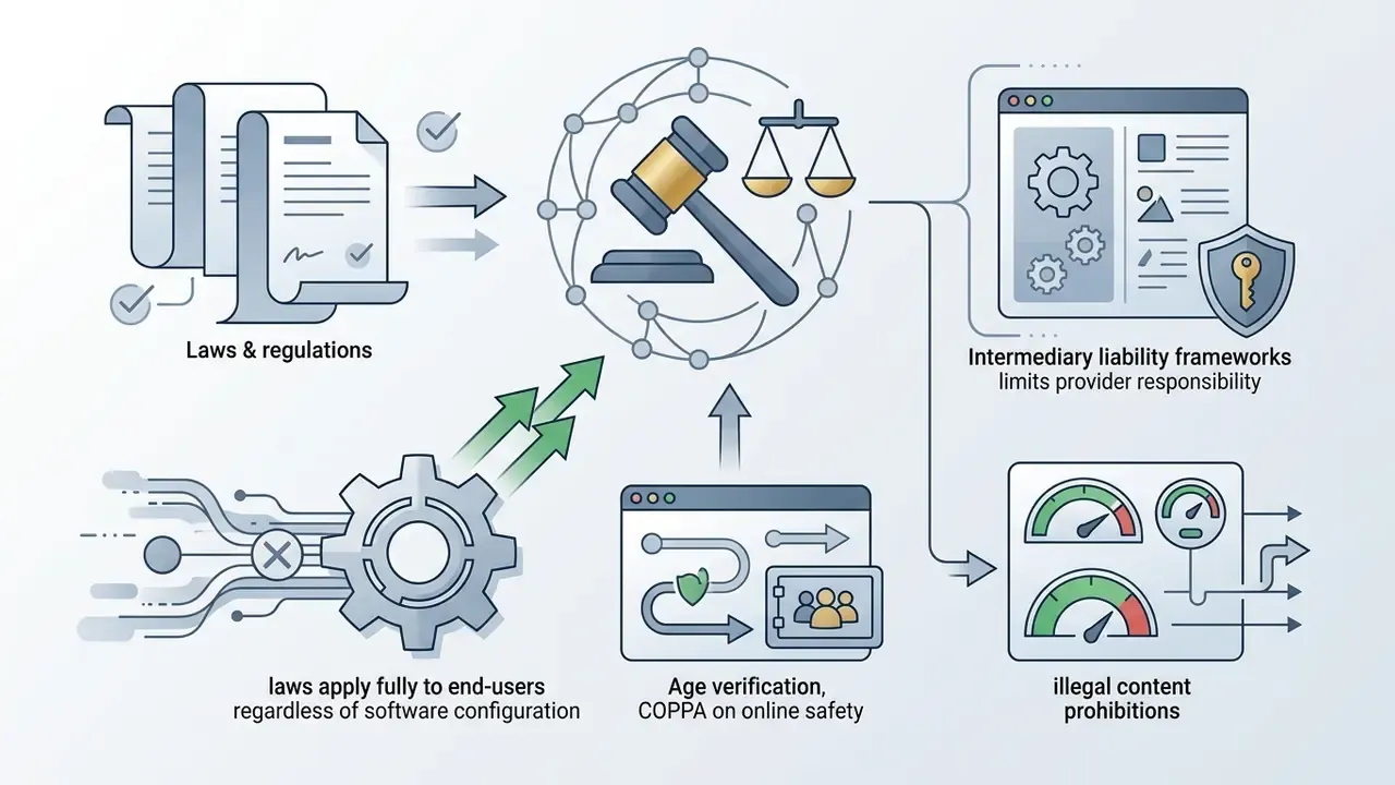 Legal documents and gear mechanisms feeding into a central gavel icon and various compliance interfaces