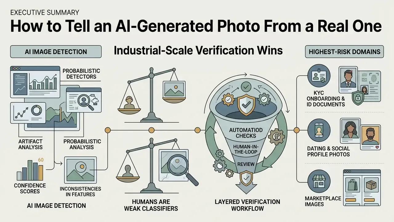 Infographic showing probabilistic detection, human limitations, and a layered verification workflow for AI vs real image