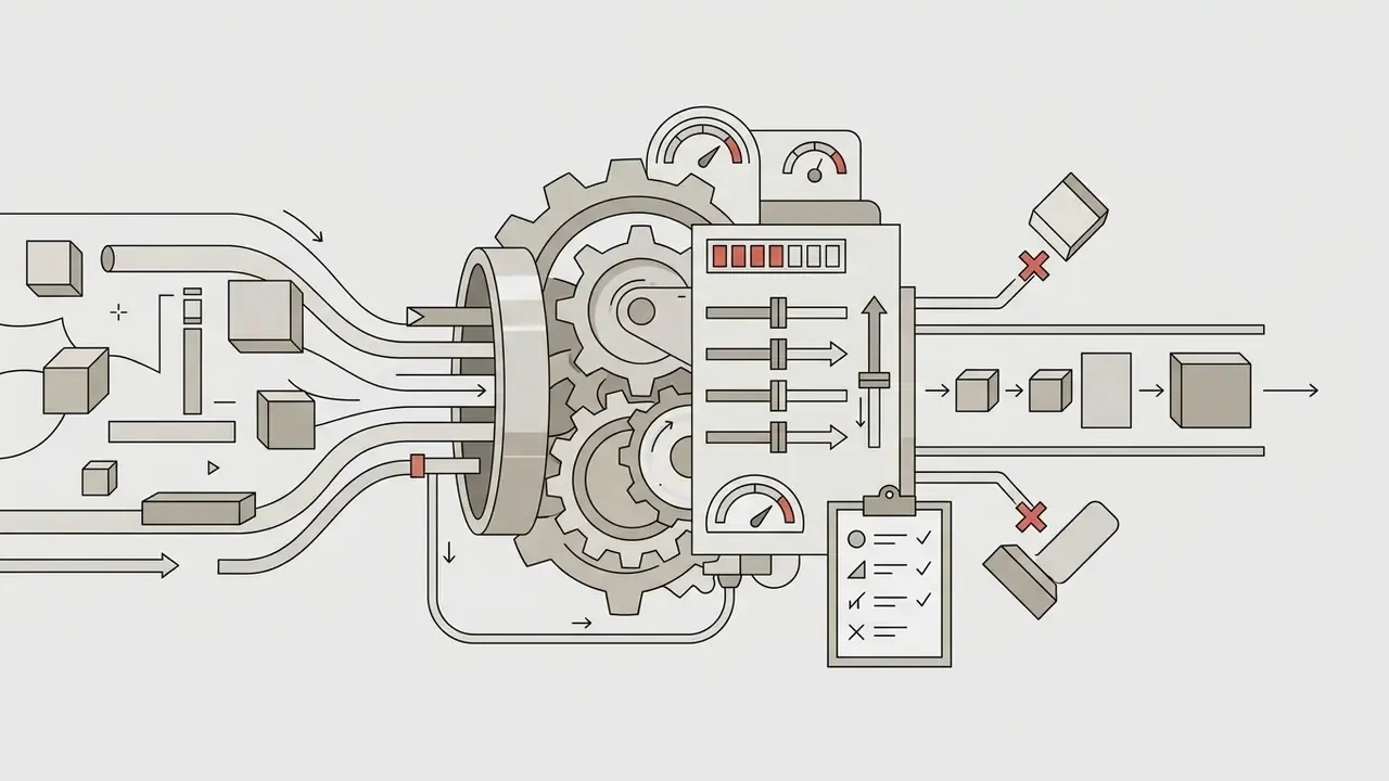 Abstract blocks feeding into a gear system with sliders and a checklist to filter output shapes