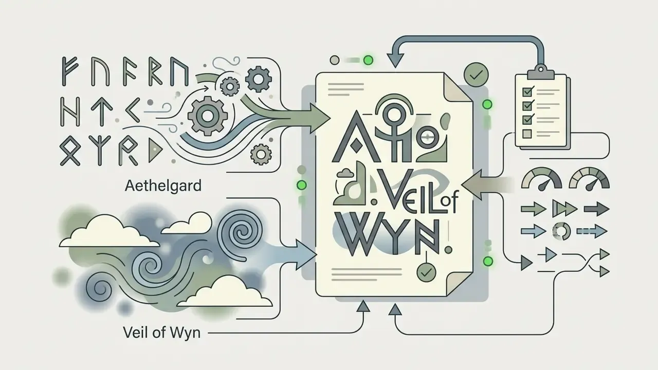 Runes and atmospheric swirls feeding into a document containing stylized text and a checklist