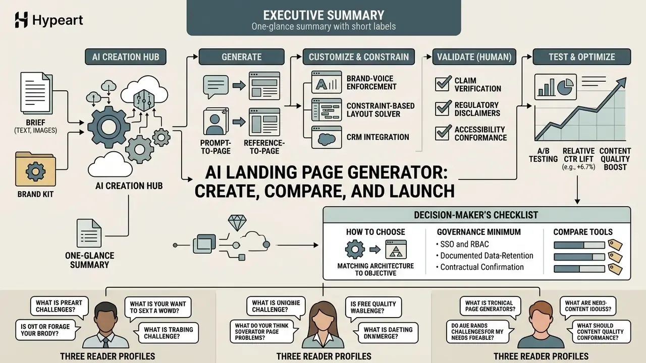 Flowchart detailing the AI landing page generator process from initial brief through validation to launch
