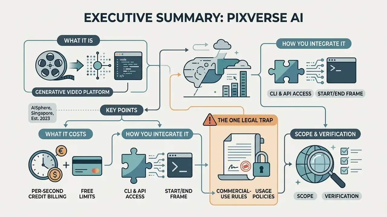 Flowchart outlining PixVerse AI features including costs, integration methods, legal rules, and scope
