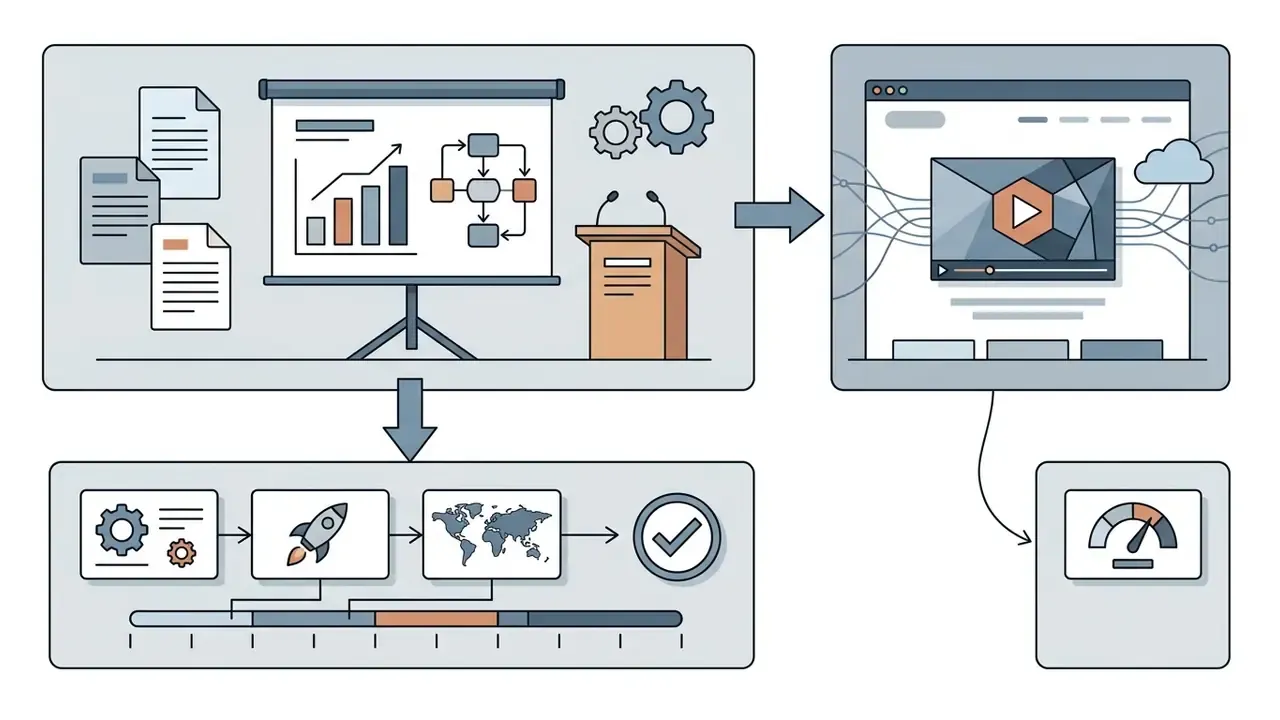 Presentation materials and documents transitioning into a digital landing page with video and performance metrics
