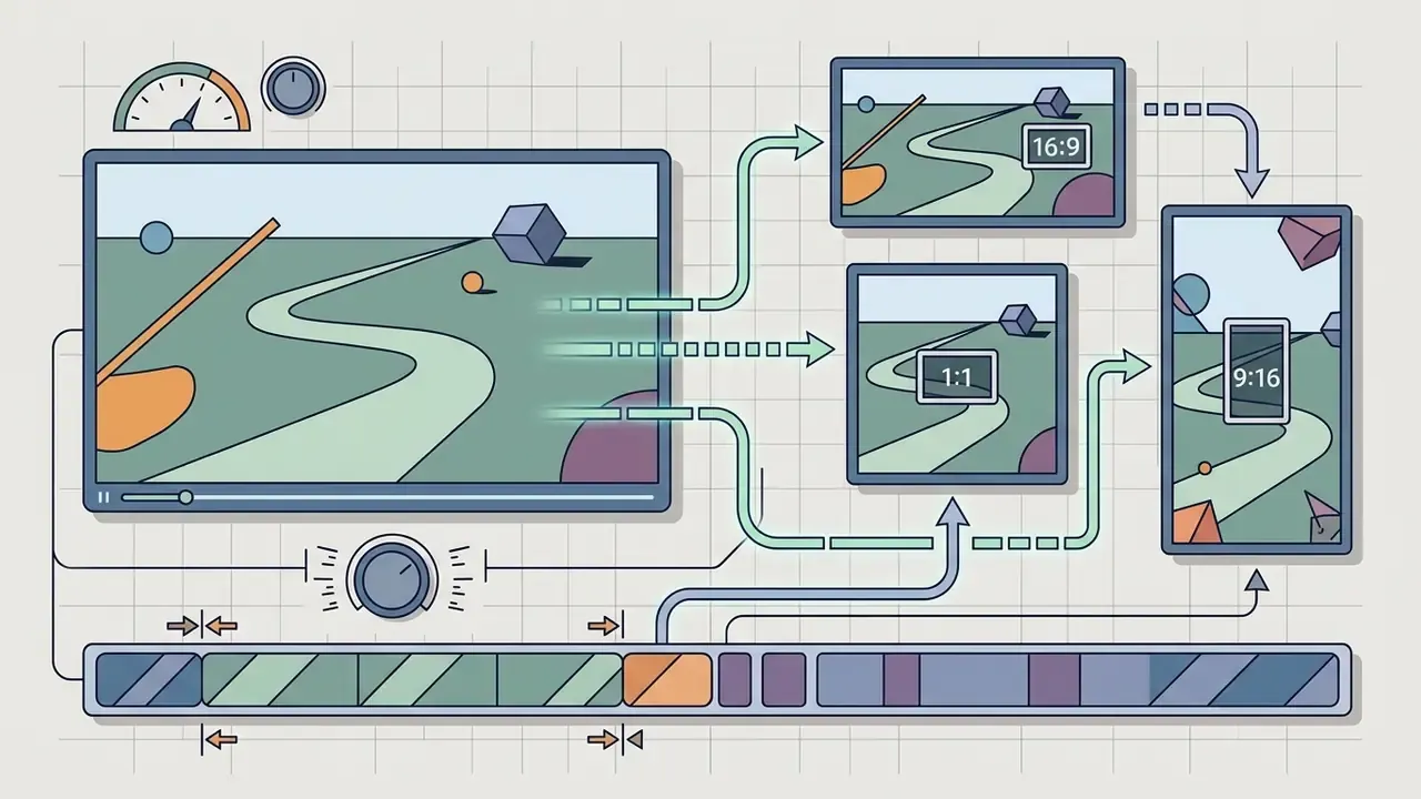 Video timeline and adjustment gauges showing the process of reframing footage into different aspect ratios
