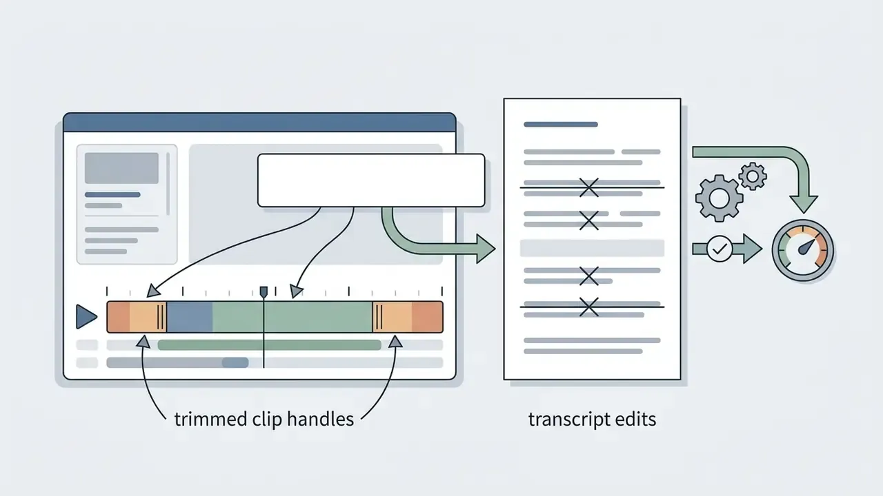 Video timeline with trimmed clip handles feeding into a document of edited transcript text and a performance gauge