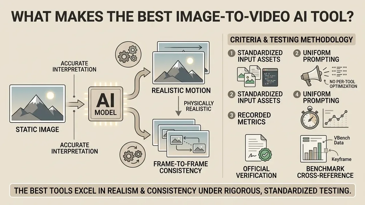 Infographic showing how AI models process static images into video through realistic motion and consistency