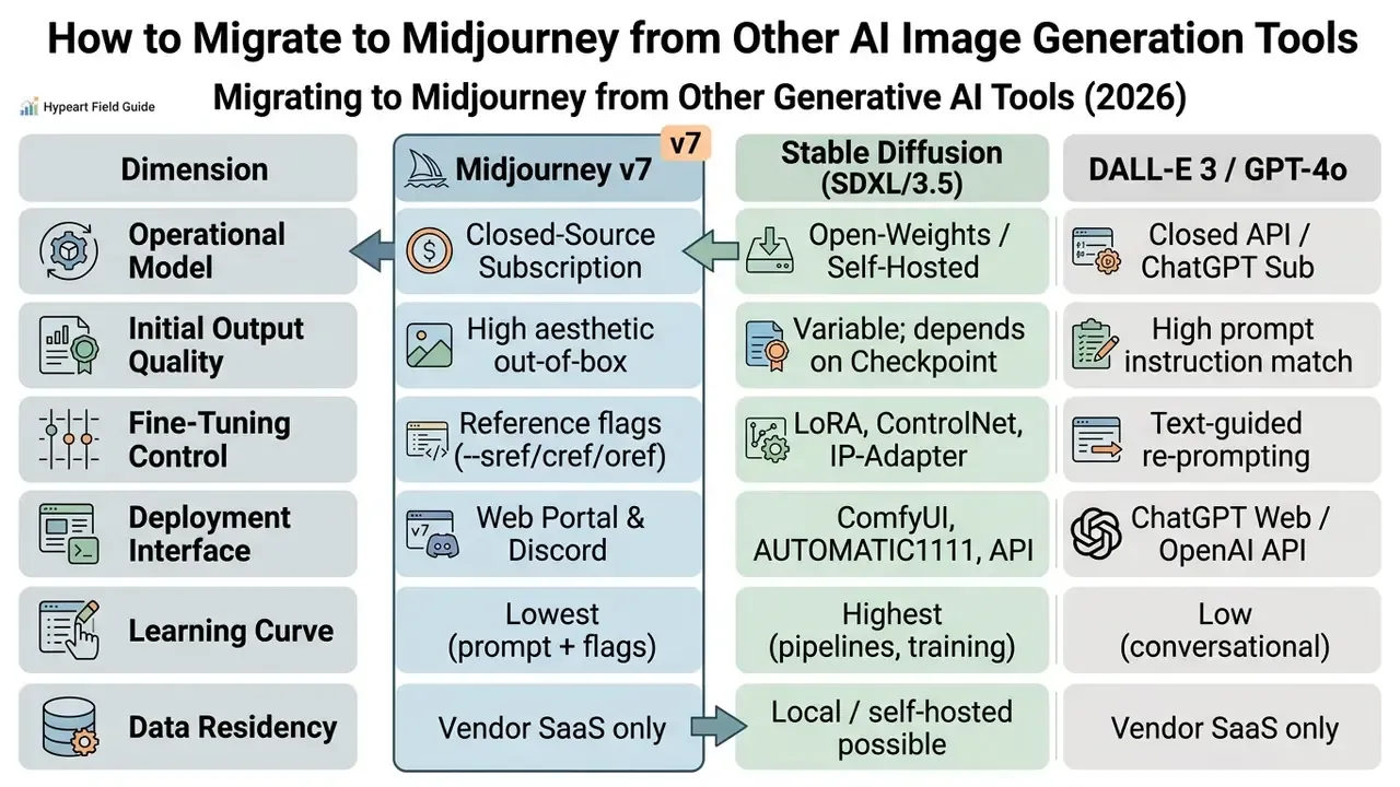 Feature comparison matrix between Midjourney v7, Stable Diffusion, and DALL-E 3 generative AI models
