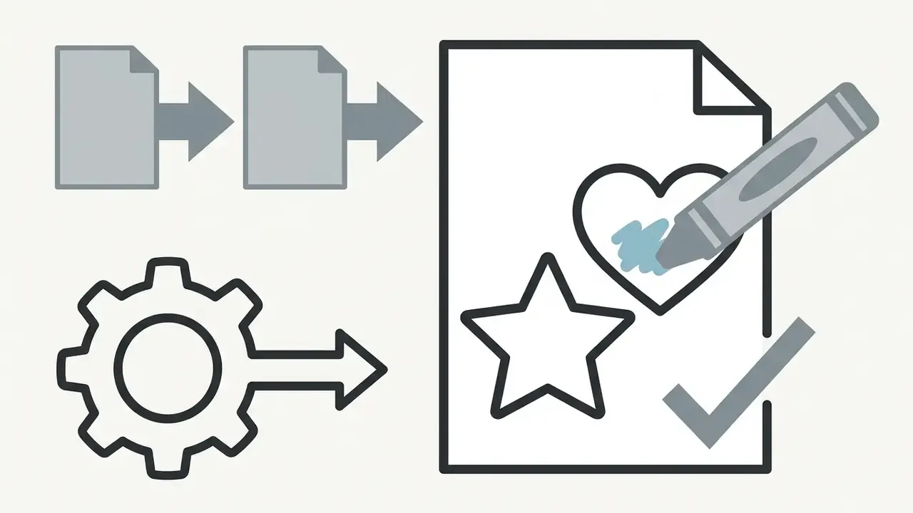 Gear icon and document flow leading to a coloring page with a heart, a star, and a checkmark