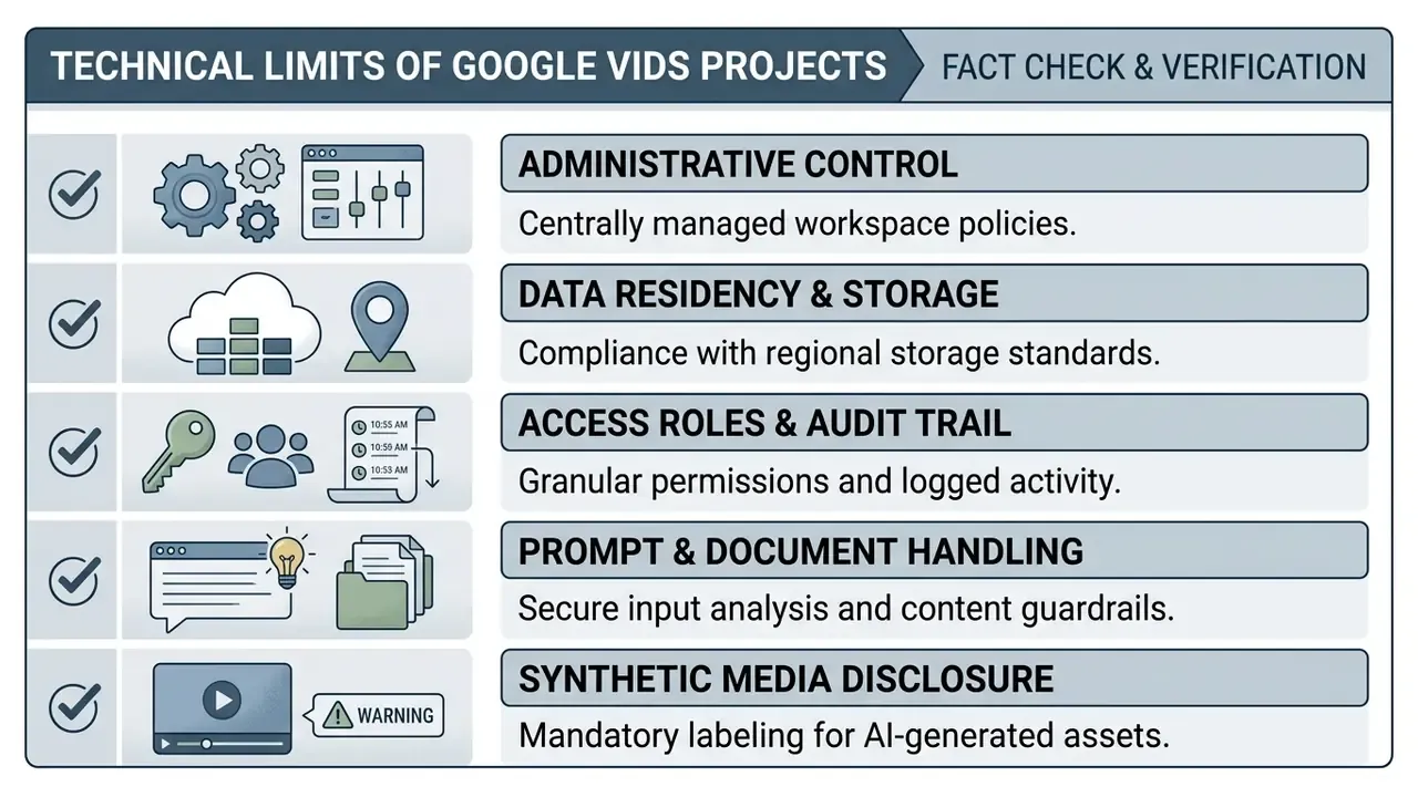 List of five key technical considerations for Google Vids projects with accompanying icons