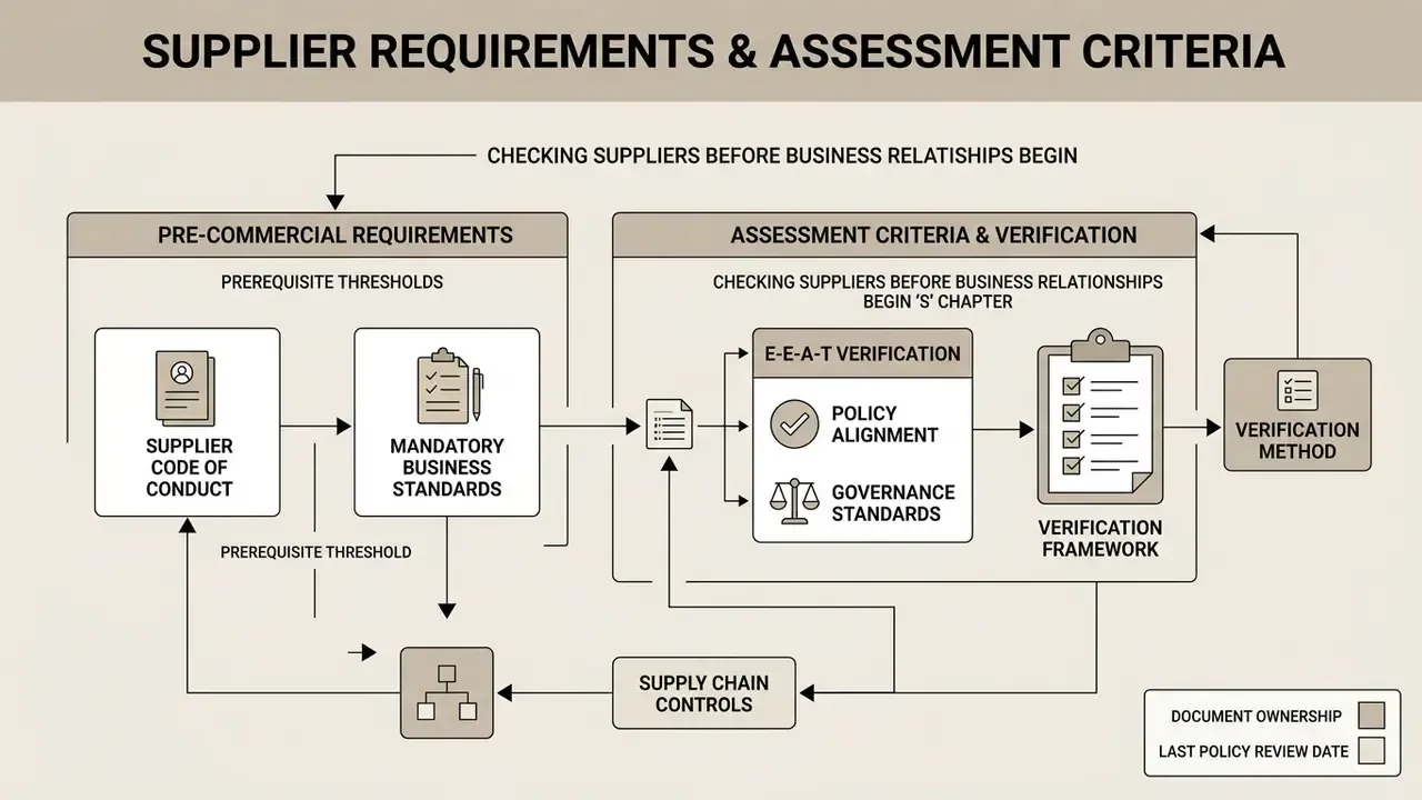 Flowchart showing pre-commercial requirements and the E-E-A-T verification process for new suppliers