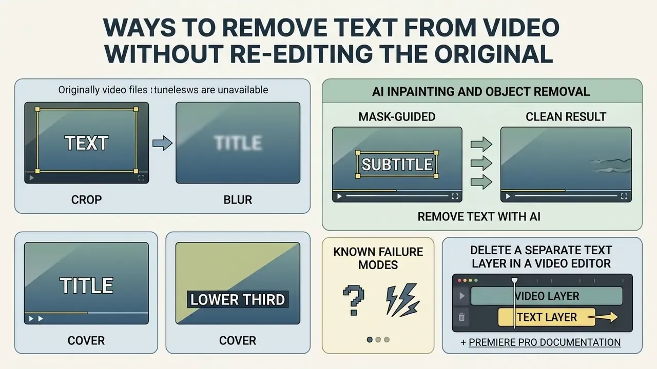 Infographic showing methods to remove text from video through cropping, blurring, covering, AI, and layers