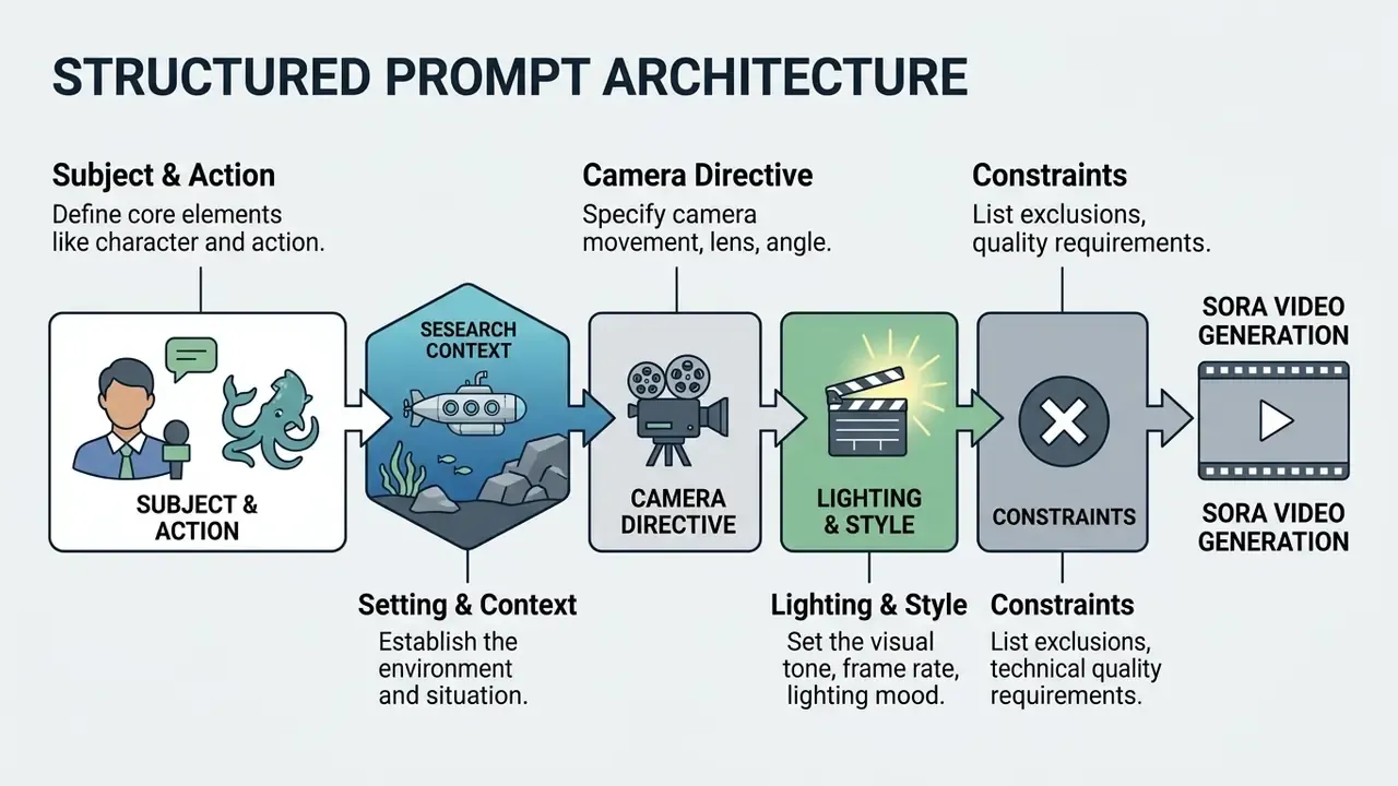 Diagram illustrating a five-step framework for building prompts to guide OpenAI Sora video generation