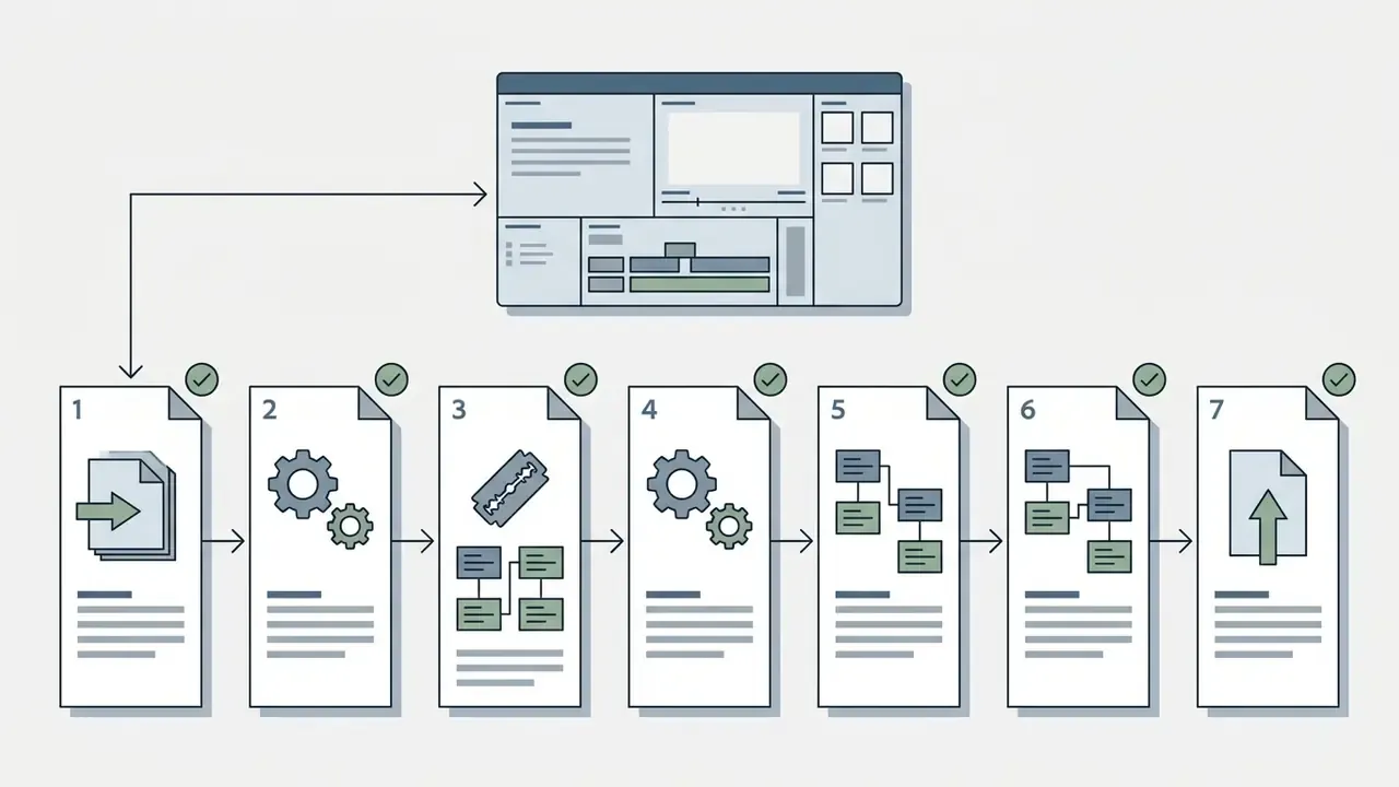 Seven numbered steps for learning video editing software with a workspace overview and checkmarks