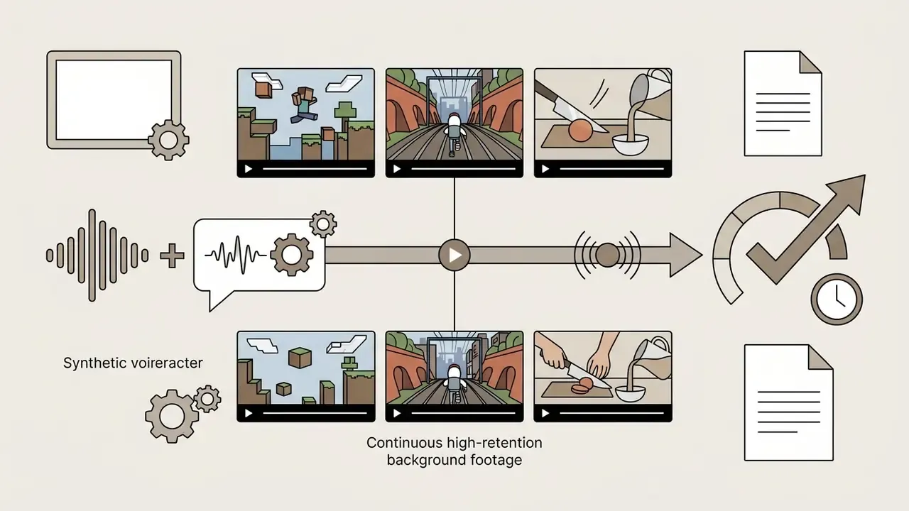 Audio waveforms and background gameplay clips merging into a single stream with a checkmark and timer