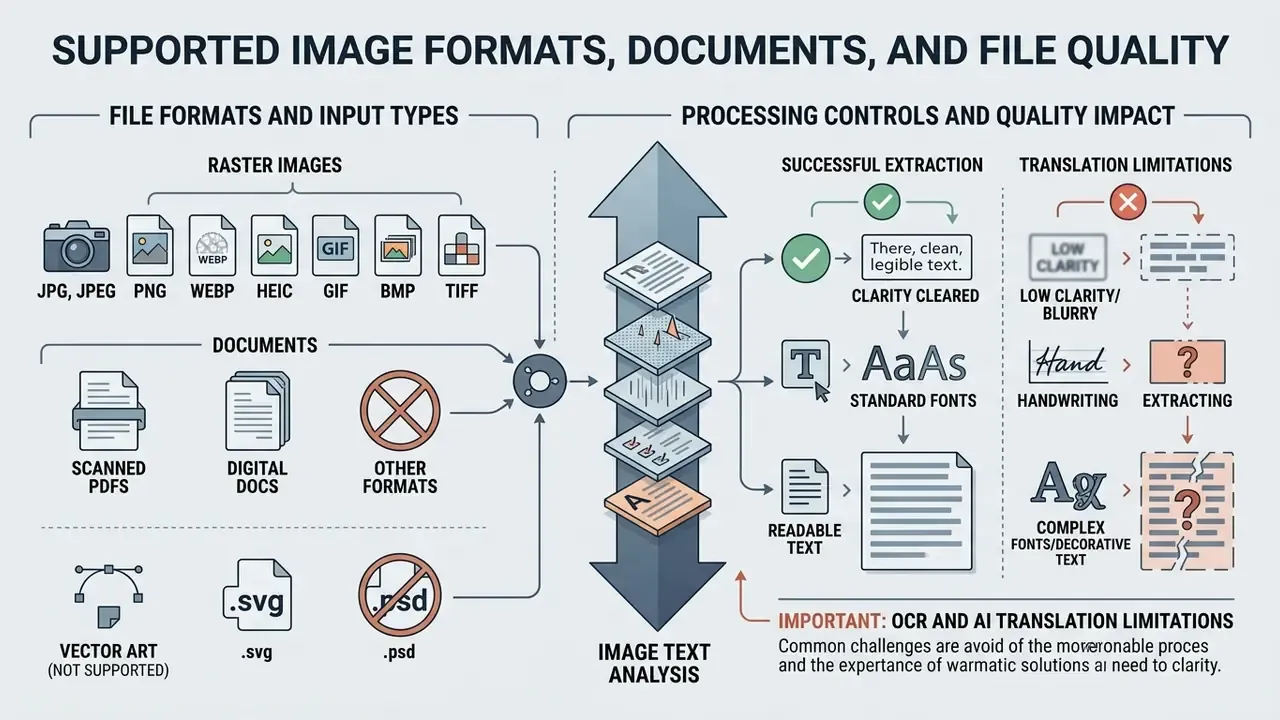 Infographic comparing supported raster file types against processing quality and extraction limitations