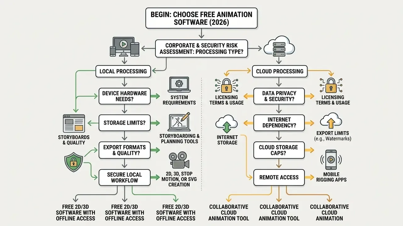 Decision tree flowchart comparing local and cloud processing paths for selecting free animation software
