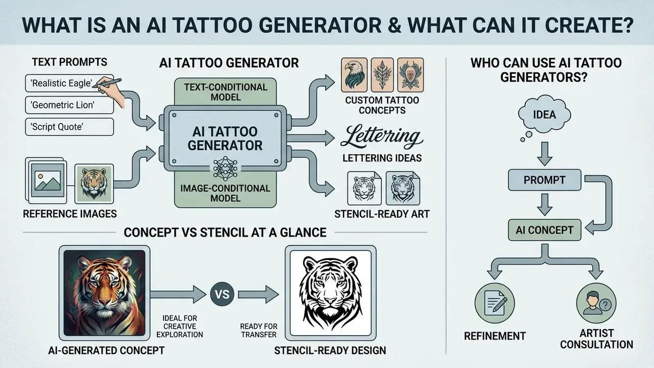 Infographic showing how AI tattoo generators process text and image inputs into custom design concepts